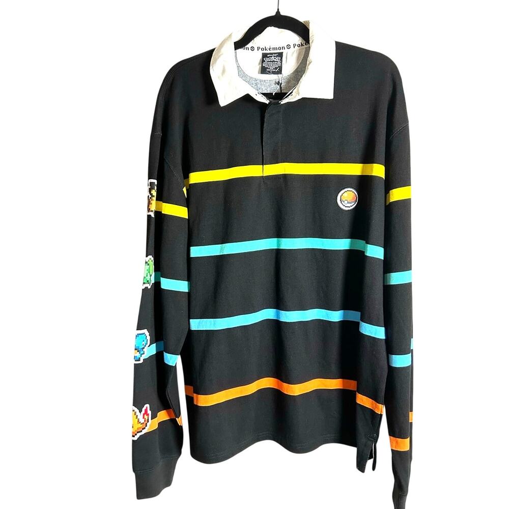 ATSUKO POKEMON Polo Shirt NWT Striped Long Sleeve Patches Size L